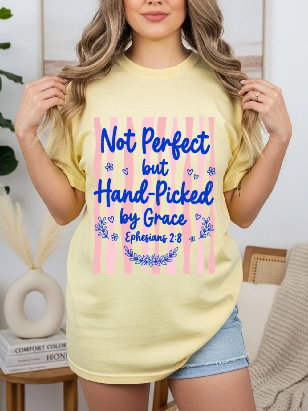 Comfort Colors Yellow Tee with Blue & Pink Scripture Graphic